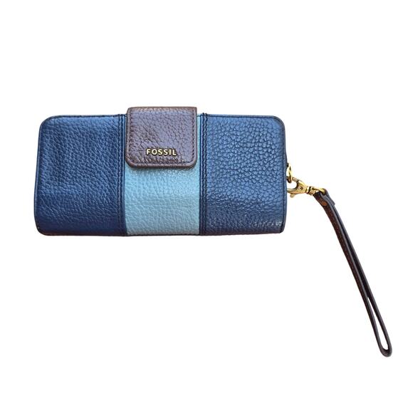 Fossil Emma RFID Leather Wristlet Wallet Blue Brown Colorblock - Picture 1 of 6